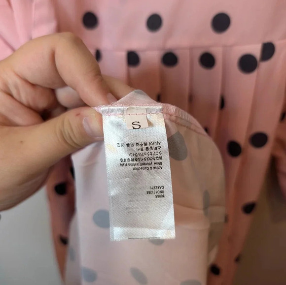 Polka Dot Dress Ascot Neck Tie Bow Pink Black Full Button Down Midi Length Small - Picture 6 of 13